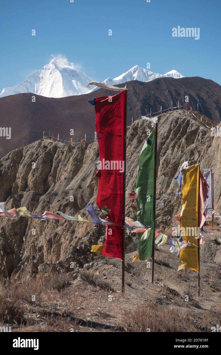 Nepal. Vertikale buddhistische Gebetsfahnen auf einem Bergrücken und Himalaya, Annapurna Circuit. Stockfoto