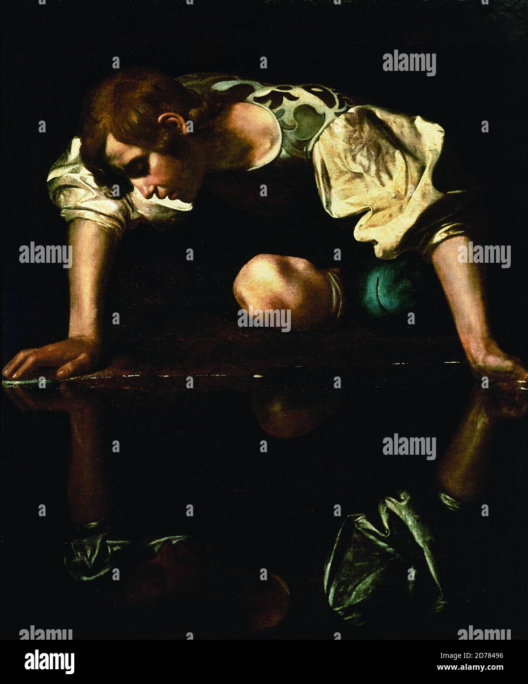 Titel: Narcissus Ersteller: Michelangelo Caravaggio Datum: ca.1597 - 1599 Medium: Öl auf Leinwand Maße: 110 x 92 cm Ort: Palazzo Barberini, Gallerie Nazionali Barberini Corsini Stockfoto