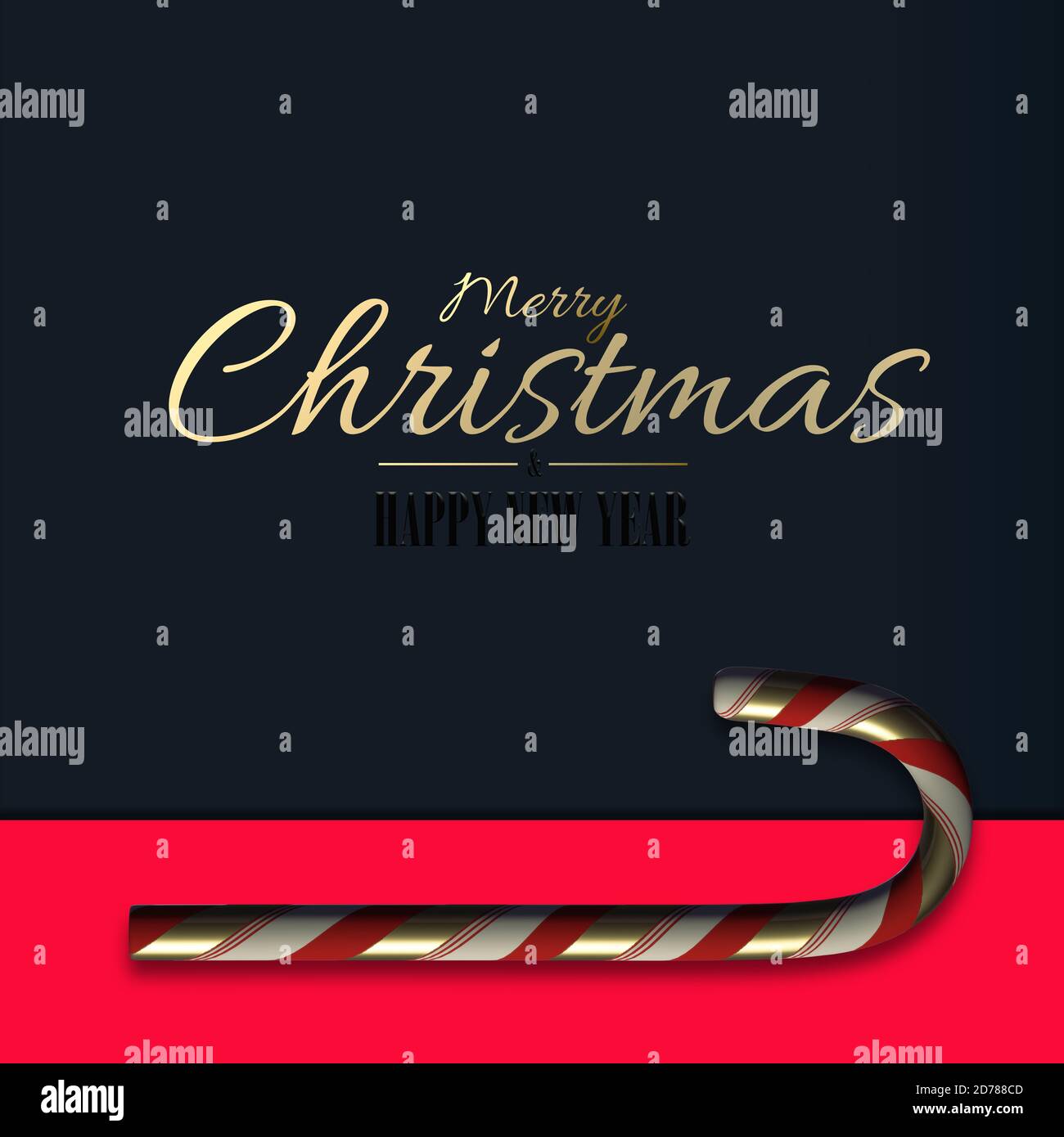 Minimalistisches, luxuriöses Weihnachtsdesign. Gold Text Frohe Weihnachten Frohe Weihnachten Frohes Neues Jahr, Rotgold 3D Weihnachten Zuckerrohr auf dunkelblauem hellrotem Hintergrund. 3D-Rendering. Festliche Zeit, Geschäftseinladung, Grüße Stockfoto