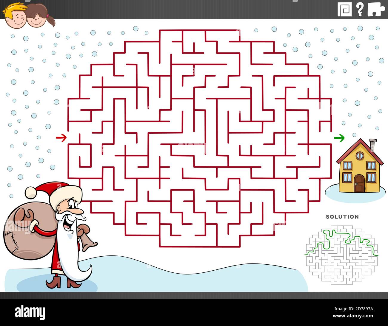 Cartoon Illustration der pädagogischen Labyrinth Puzzle-Spiel für Kinder mit Weihnachtsmann zu Weihnachten Stock Vektor