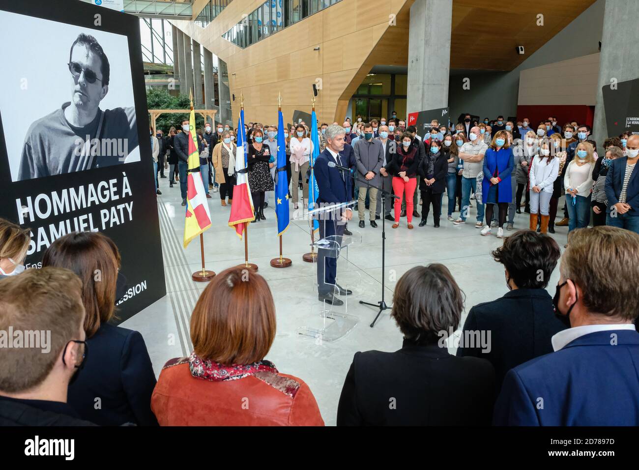 Am 20/10/2020, Lyon, Auvergne-Rhône-Alpes, Frankreich. Ein Tribut wurde an Samuel Paty gezahlt, der Lehrer, der in Conflans-Sainte-Honorine an der Regi ermordet wurde Stockfoto