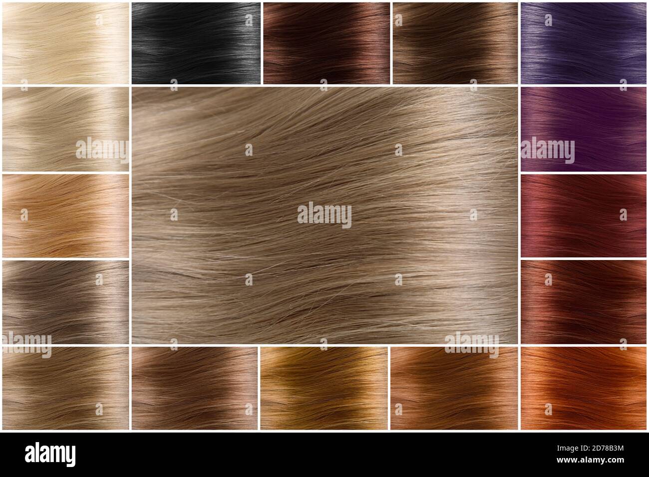 Farbkarte für Tönungen. Haar Farbpalette mit einer Vielzahl von Muster.  Gefärbte Haare Farbe Proben auf einer Karte, die in den ordentlichen Reihen  angeordnet. Tönungen. Farbe gesetzt werden. Uhr Stockfotografie - Alamy