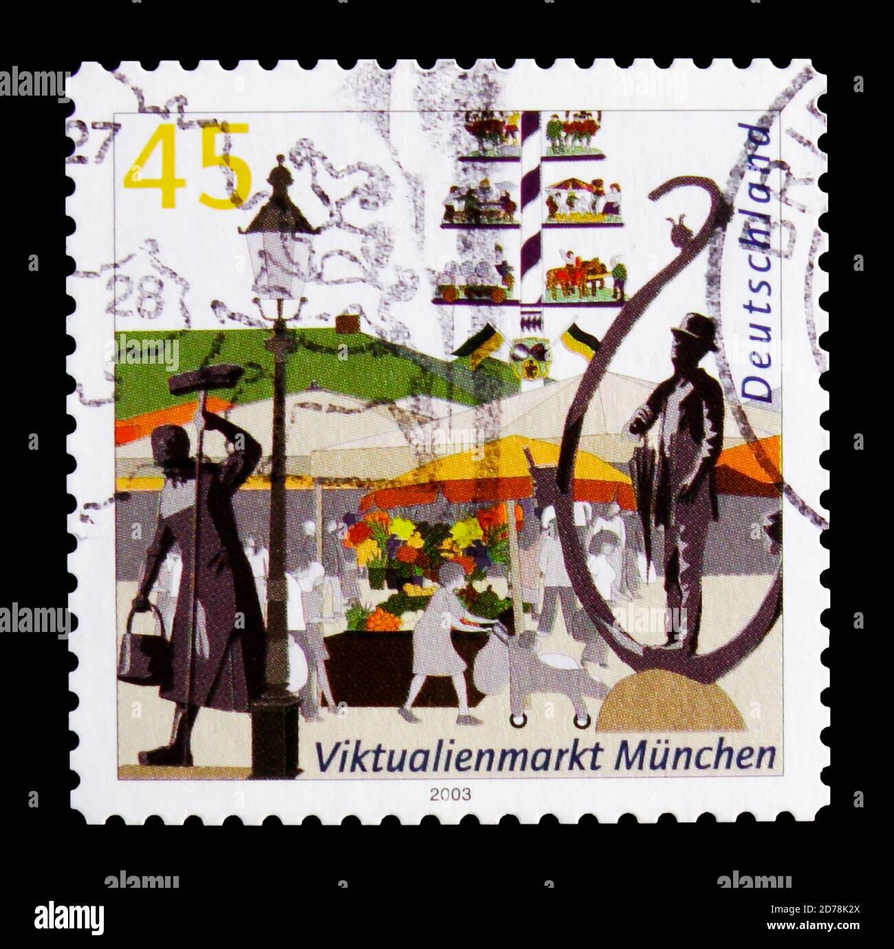 MOSKAU, RUSSLAND - 21. OKTOBER 2017: Eine in der Bundesrepublik gedruckte Briefmarke zeigt Viktualienmarkt, München, Bilder deutscher Städte Serie, um 20 Stockfoto