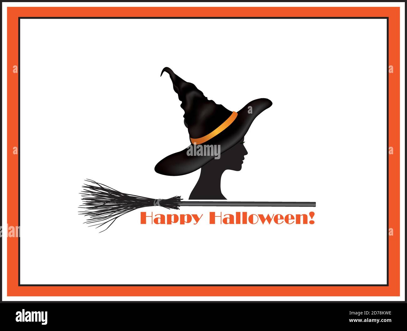 Halloween Feiertagsgrußkarte mit Schriftzug Happy Halloween und Hexe In Hut und Fledermäuse Silhouetten auf weißem Hintergrund Stock Vektor