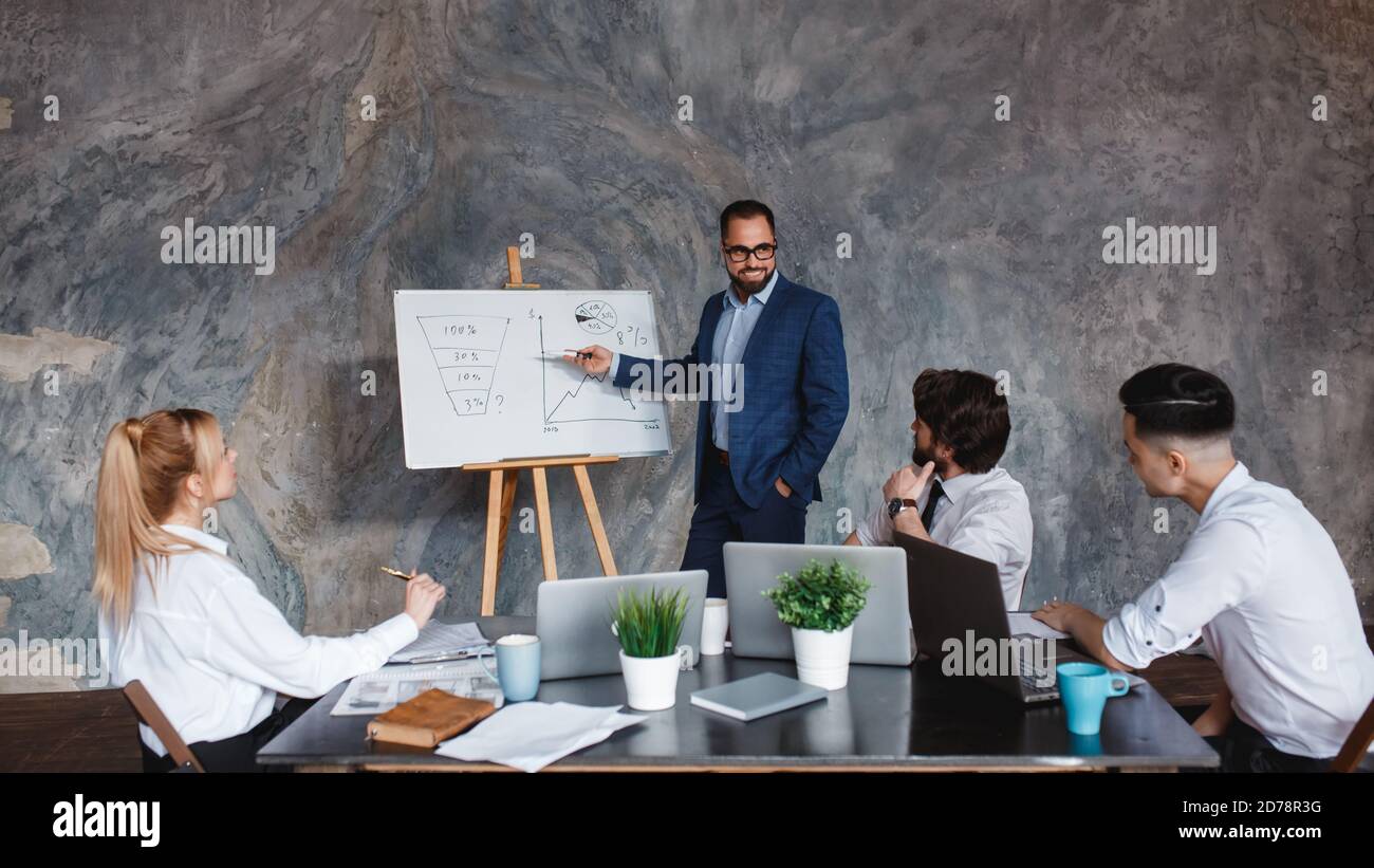 Männlicher Business-Coach-Sprecher in Anzug geben Flipchart-Präsentation, Referent Presenter Consulting-Schulung Überzeugungsarbeit Mitarbeiter Kundengruppe, Mentor Stockfoto