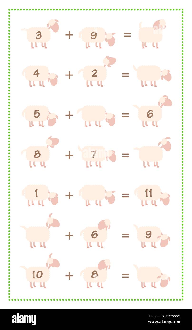 Addition Spielblatt, einfache Mathematik Spaß mit Comic Schafe - Illustration auf weißem Hintergrund. Stockfoto
