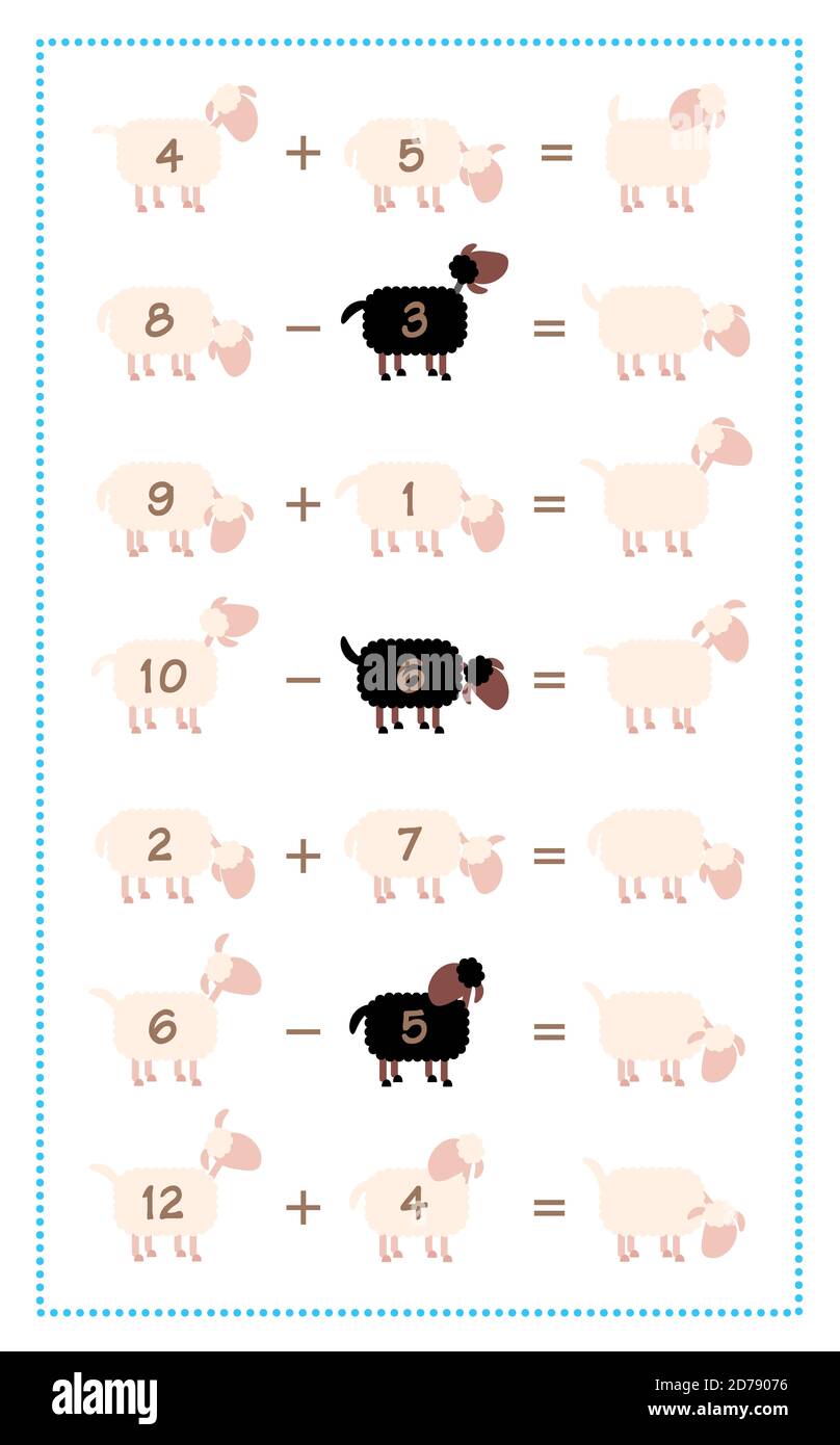 Math-Spielblatt mit Ergänzungen und Subtraktionen, einfache mathematische Spaß mit schwarzen Schafen - Comic-Illustration auf weißem Hintergrund. Stockfoto