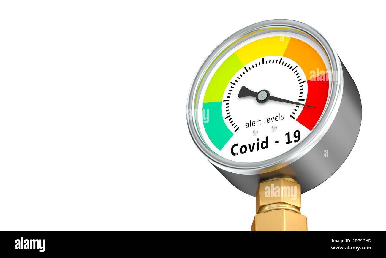 Das Messgerät für Covid 19 Coronavirus zeigt einen Zustand mit hohem Risiko und Alarm. 3d-Rendering. Stockfoto