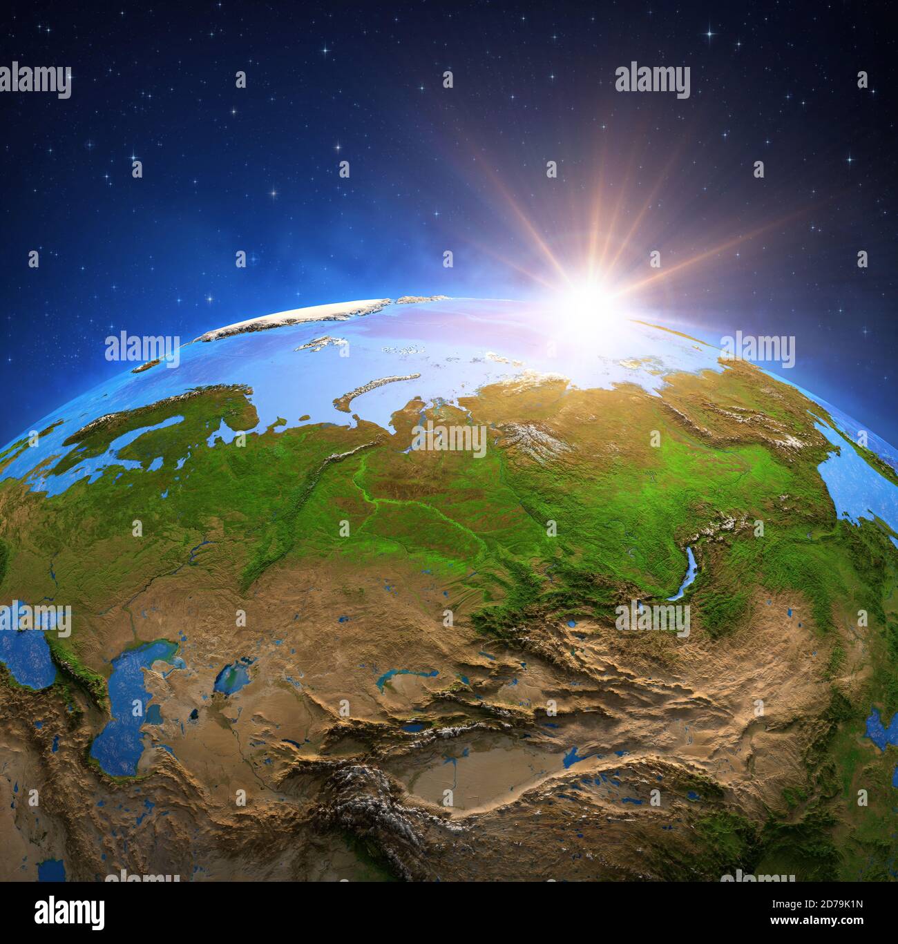 Oberfläche des Planeten Erde von einem Satelliten aus betrachtet, fokussiert auf Russland, Sonnenaufgang auf Sibirien und die Permafrosterwärmung. 3D-Illustration - Elemente der Th Stockfoto