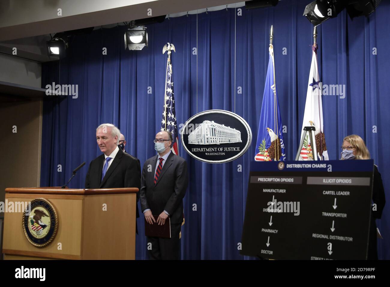 Washington, Usa. Oktober 2020. Der stellvertretende US-Generalstaatsanwalt Jeffrey Rosen gibt bekannt, dass Purdue Pharma LP sich bereit erklärt hat, sich bei einer Pressekonferenz am Justizministerium in Washington, DC, am Mittwoch, dem 21. Oktober 2020, strafrechtlich wegen des Umgangs mit seinem süchtig machenden Opioid OxyContin schuldig zu bekennen. Pool Foto von Yuri Gripas/UPI Kredit: UPI/Alamy Live News Stockfoto