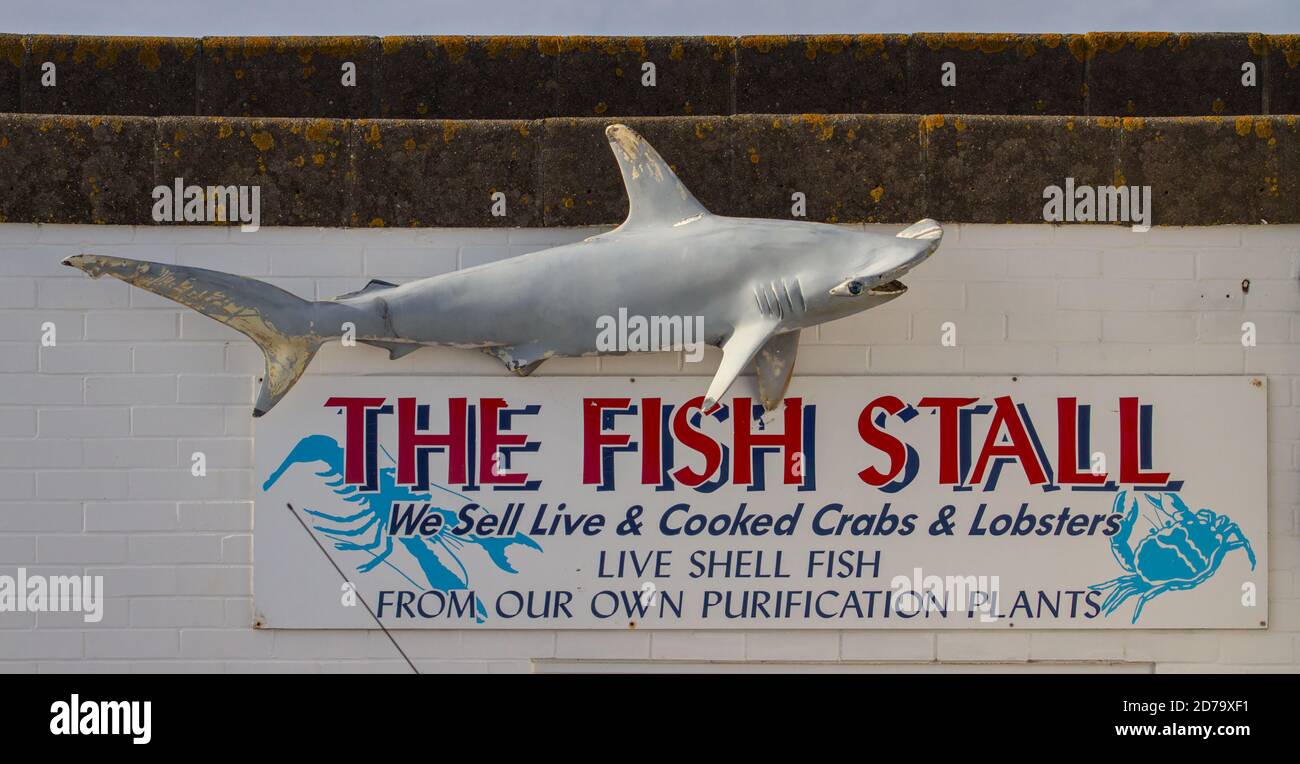 Plastic Shark über EINEM Schild Werbung FÜR EINEN Fisch Stall bei Mudeford Quay Christchurch Großbritannien Stockfoto