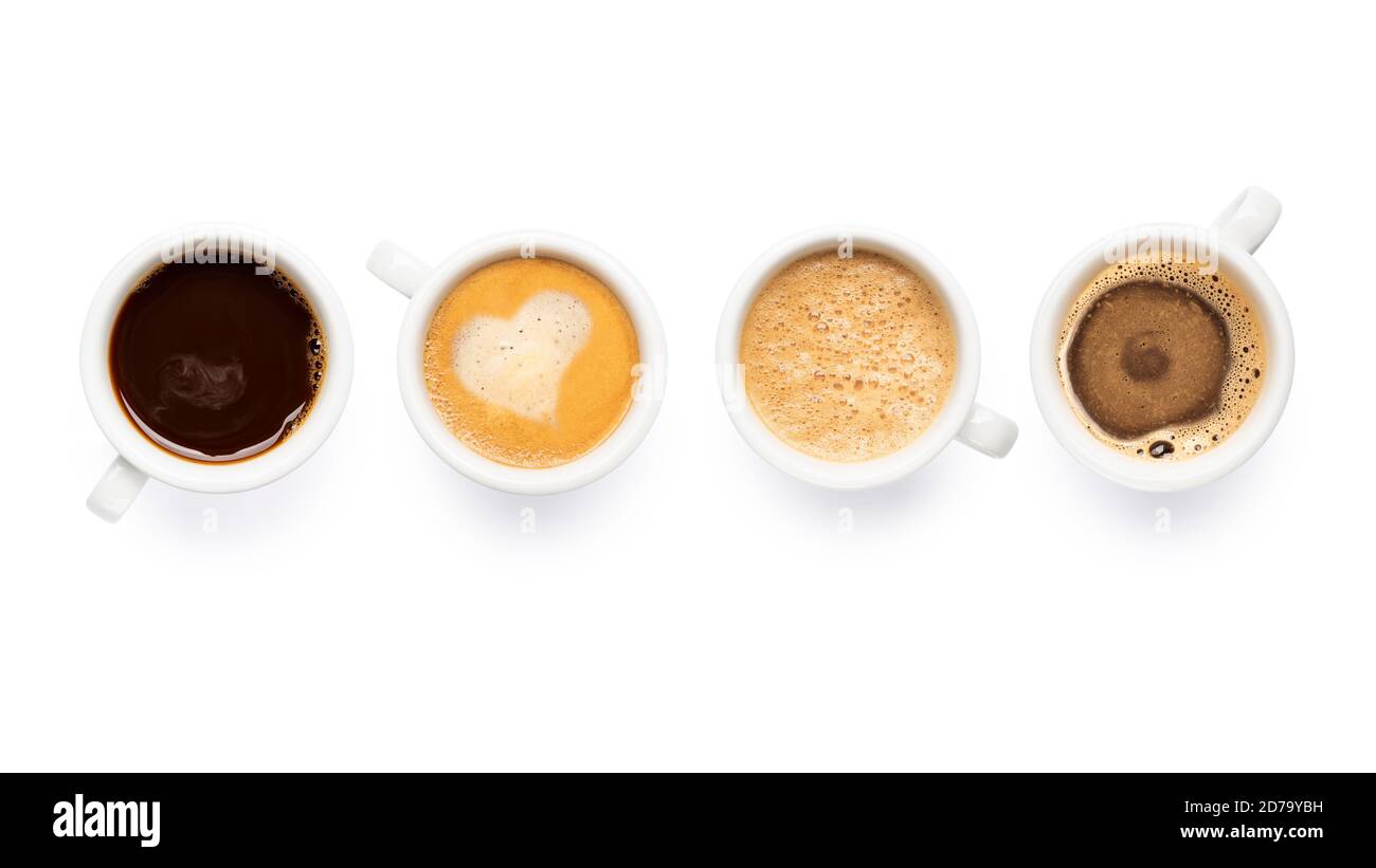 Verschiedene Kaffeetassen auf weißem Hintergrund Stockfoto