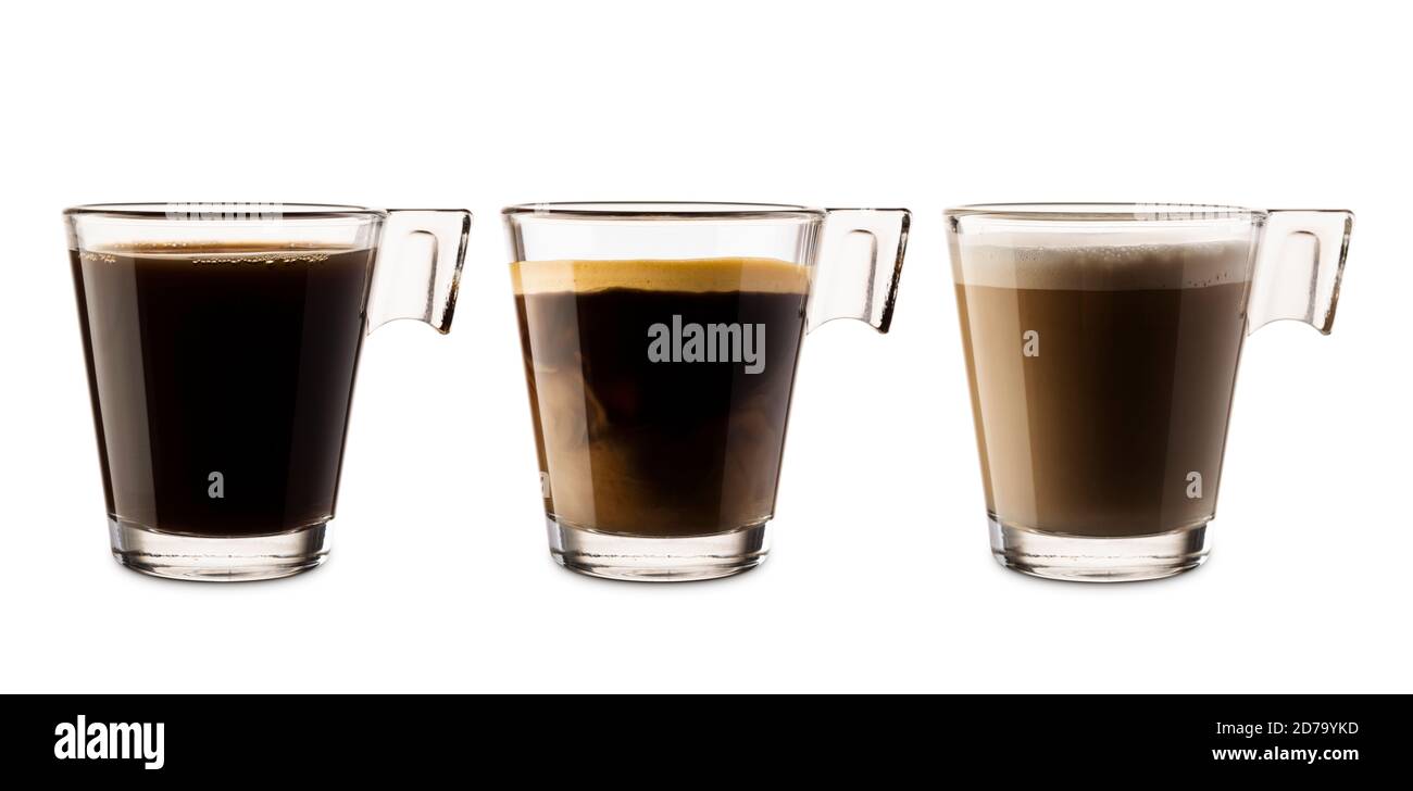 Verschiedene Glas-Kaffeetassen auf weißem Hintergrund Stockfoto