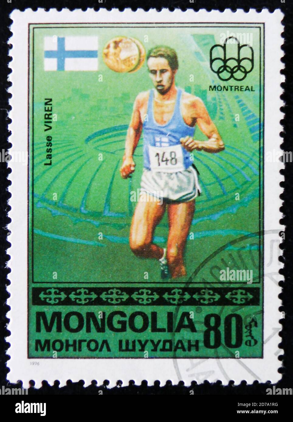 MOSKAU, RUSSLAND - 2. APRIL 2017: Eine Briefmarke in der Mongolei zeigt den finnischen Läufer Lasse Liren aus der Serie 'Olympische Spiele, Montreal - Goldmedaille W Stockfoto