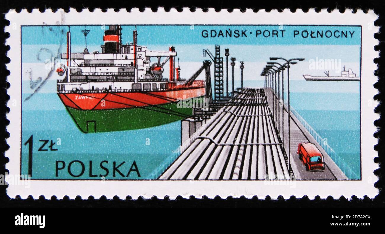 MOSKAU, RUSSLAND - 2. APRIL 2017: Eine Briefmarke, die in Polen gedruckt wird, zeigt Hafen in Hafen Danzig, Polnocny, Serie Polish Ports, um 1976 Stockfoto