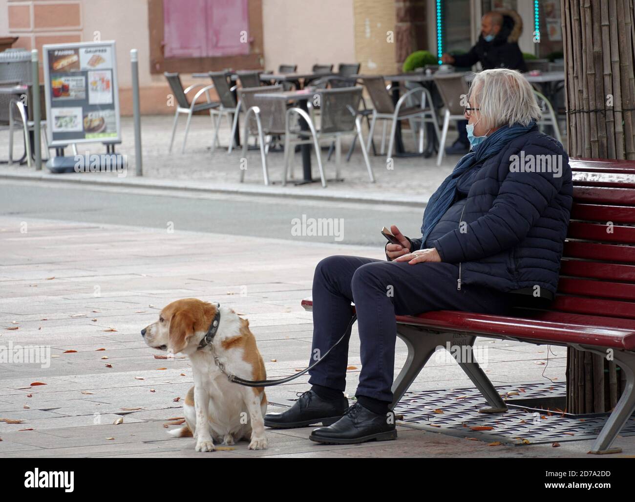 Ein älterer Mann mit Gesichtsmaske sitzt auf einer Bank auf dem Platz in der Stadt genießen einen Nachmittag mit seinem Hund und mit Coronavirus. Stockfoto