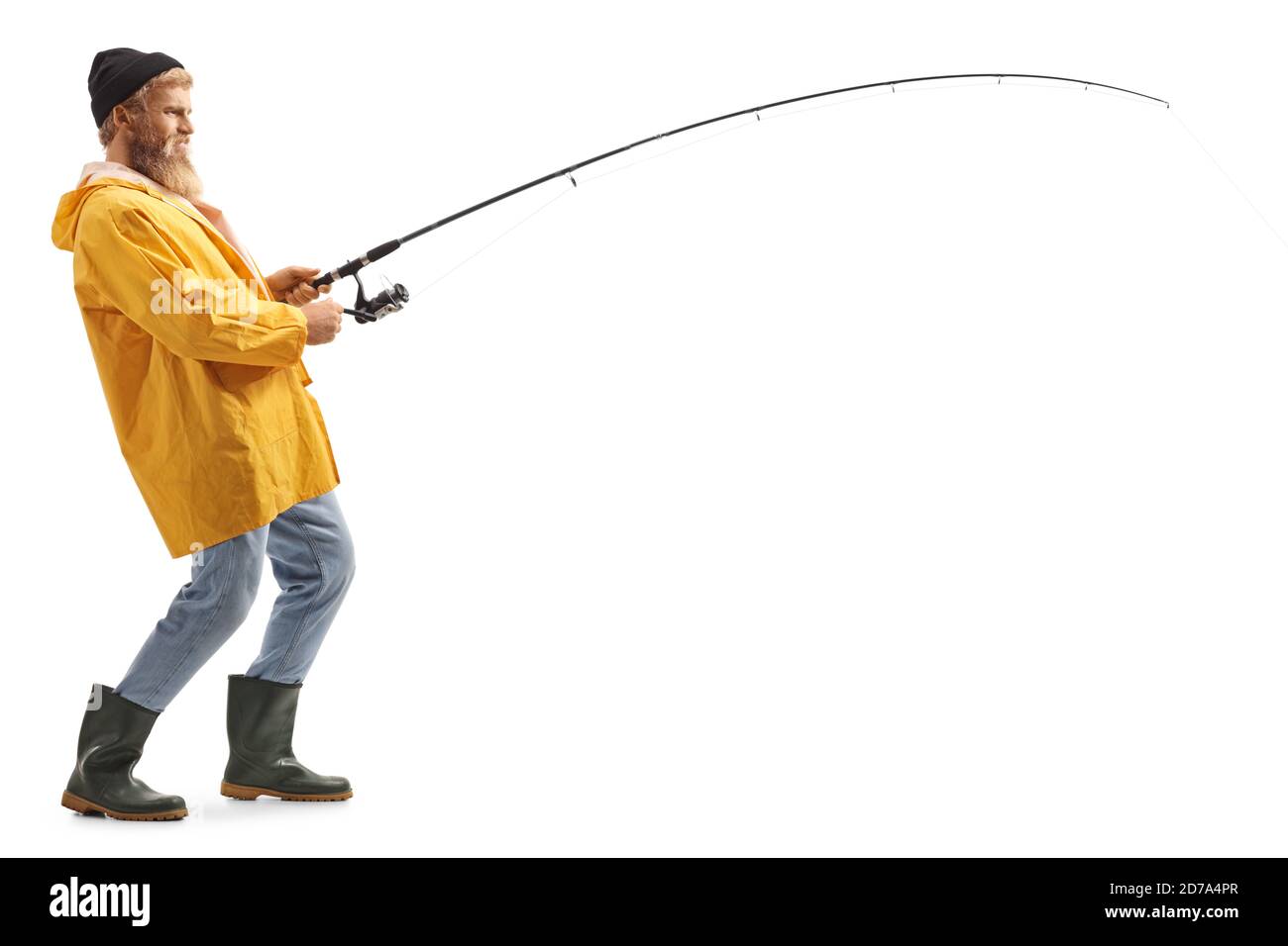 In voller Länge Profilaufnahme eines jungen bärtigen Fischers fangen Mit einem Angelstock isoliert auf weißem Hintergrund Stockfoto