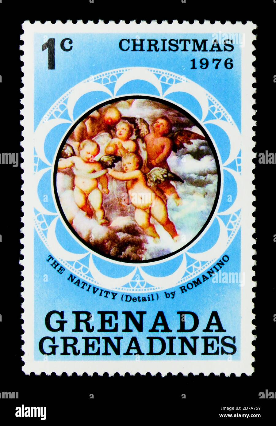 MOSKAU, RUSSLAND - 26. NOVEMBER 2017: Eine Briefmarke gedruckt in Grenada, Grenadinen zeigt die Geburt, von Romanino, Weihnachtsserie 1976, um 1976 Stockfoto