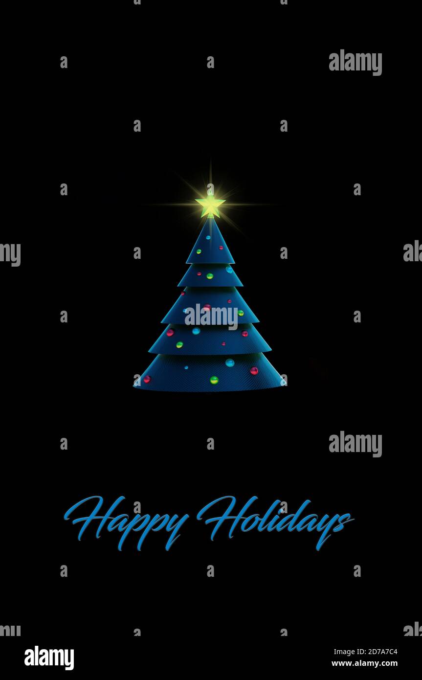 Geschmückter Weihnachtsbaum auf schwarzem Hintergrund. Frohe Feiertage Grußkarte 3d Rendering 3d Illustration Stockfoto