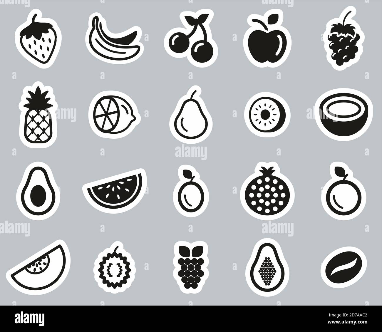 Obst Oder Früchte Icon Schwarz & Weiß Sticker Set Groß Stock Vektor