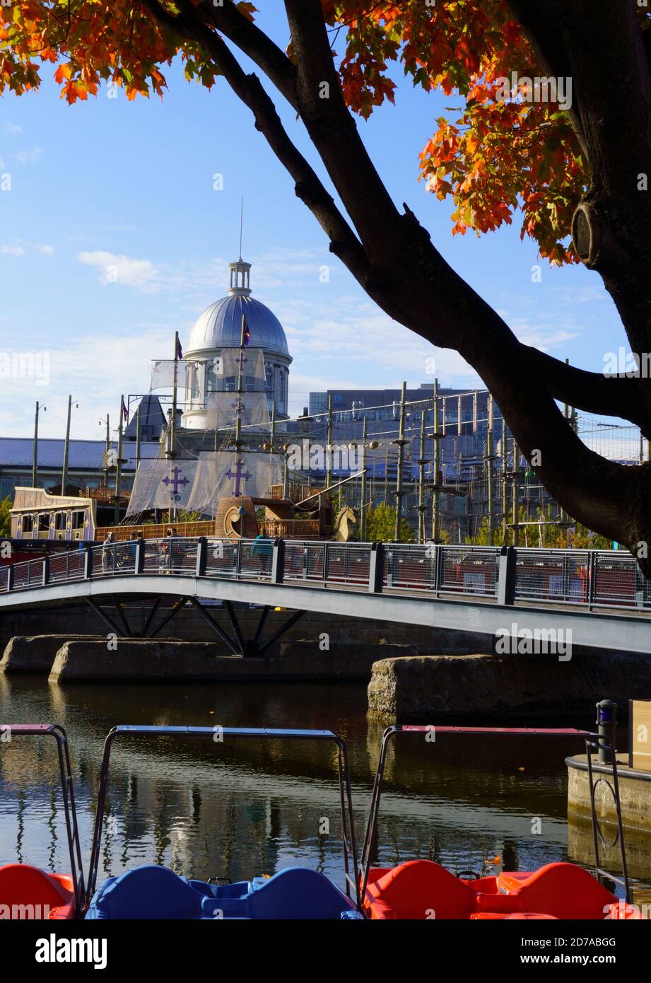 Ein schöner Tag in Old Port. Herbstfarben. Landschaft und Natur. Ahornbaum und Brücke. Stockfoto