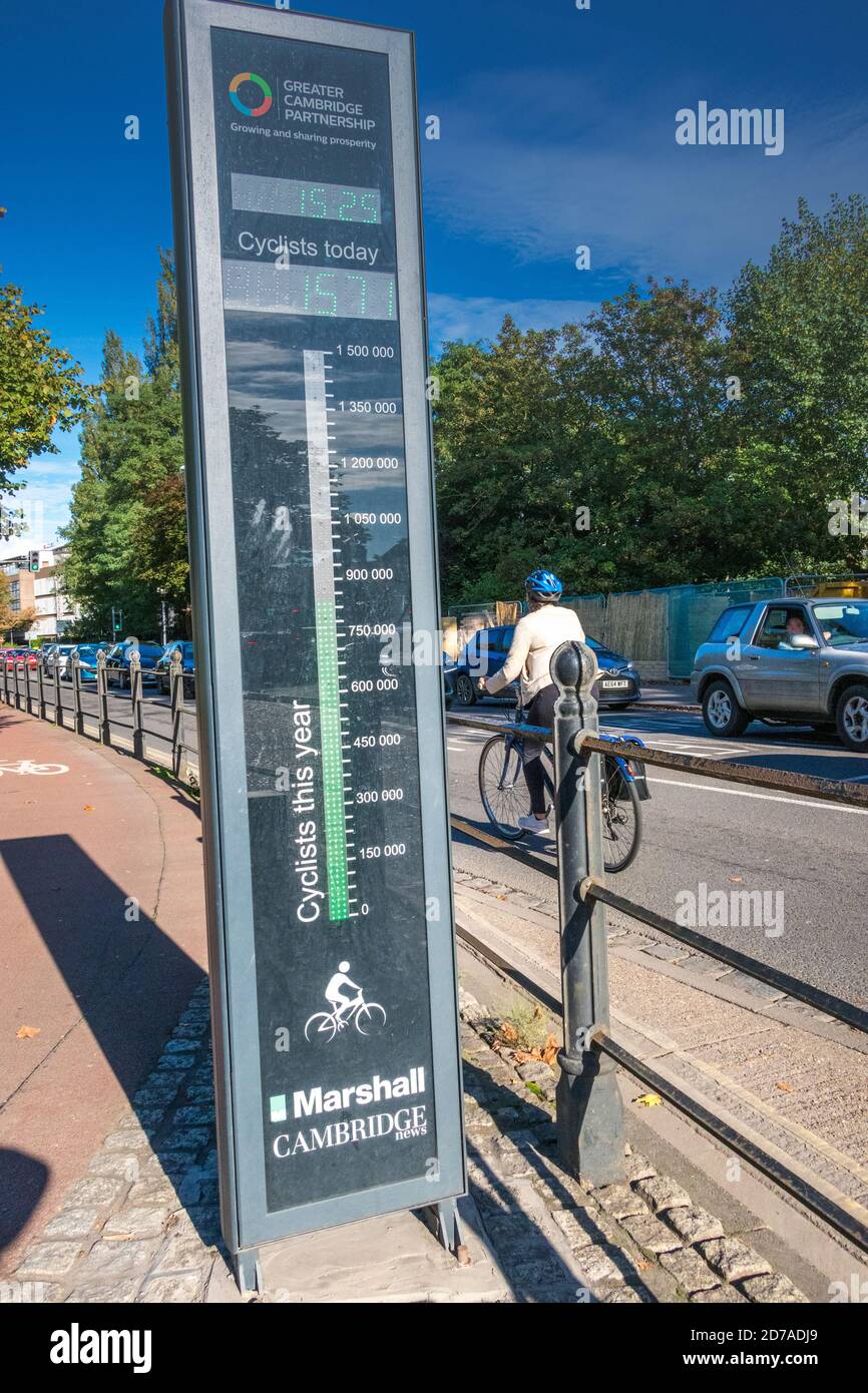 Fahrradbarometer auf Parker's Stück in der Nähe des Gonville Place Cambridge. Das Barometer zeigt die Anzahl der Radfahrer, die die Route nutzen Stockfoto
