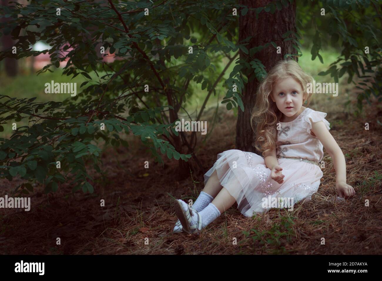 Nettes kleines Mädchen in einem eleganten Kleid sitzt im Park in der Nähe eines Baumes. Stockfoto