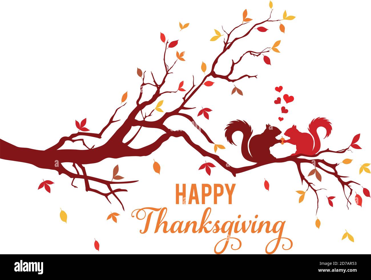 Thanksgiving-Karte, Baumzweig mit Eichhörnchen und bunten Herbstblättern, Vektorgrafik Stock Vektor