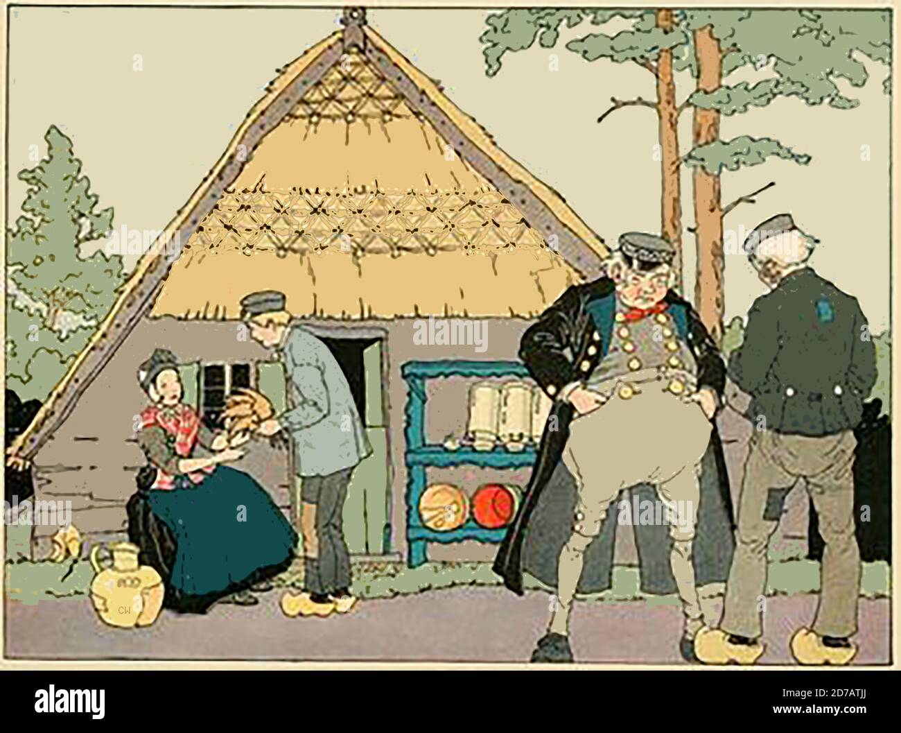 1926 farbige holländische Illustration - EINE typische Szene in einem holländer Dorf in früheren Zeiten Stockfoto