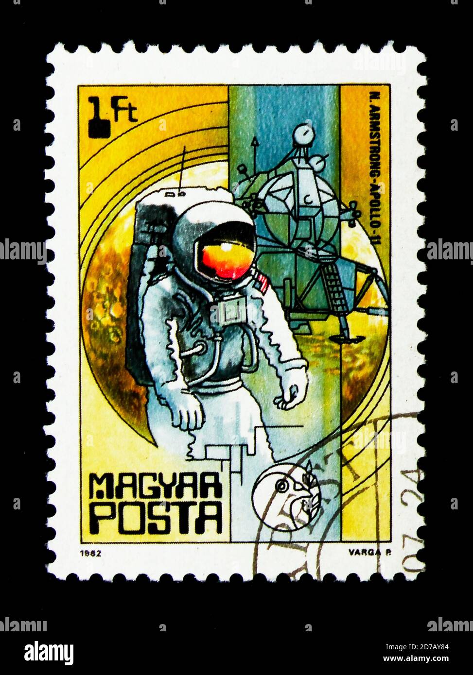 MOSKAU, RUSSLAND - 26. NOVEMBER 2017: Eine in Ungarn gedruckte Briefmarke zeigt Armstrong, Apollo 11, 1969, Space Research Serie, um 1982 Stockfoto