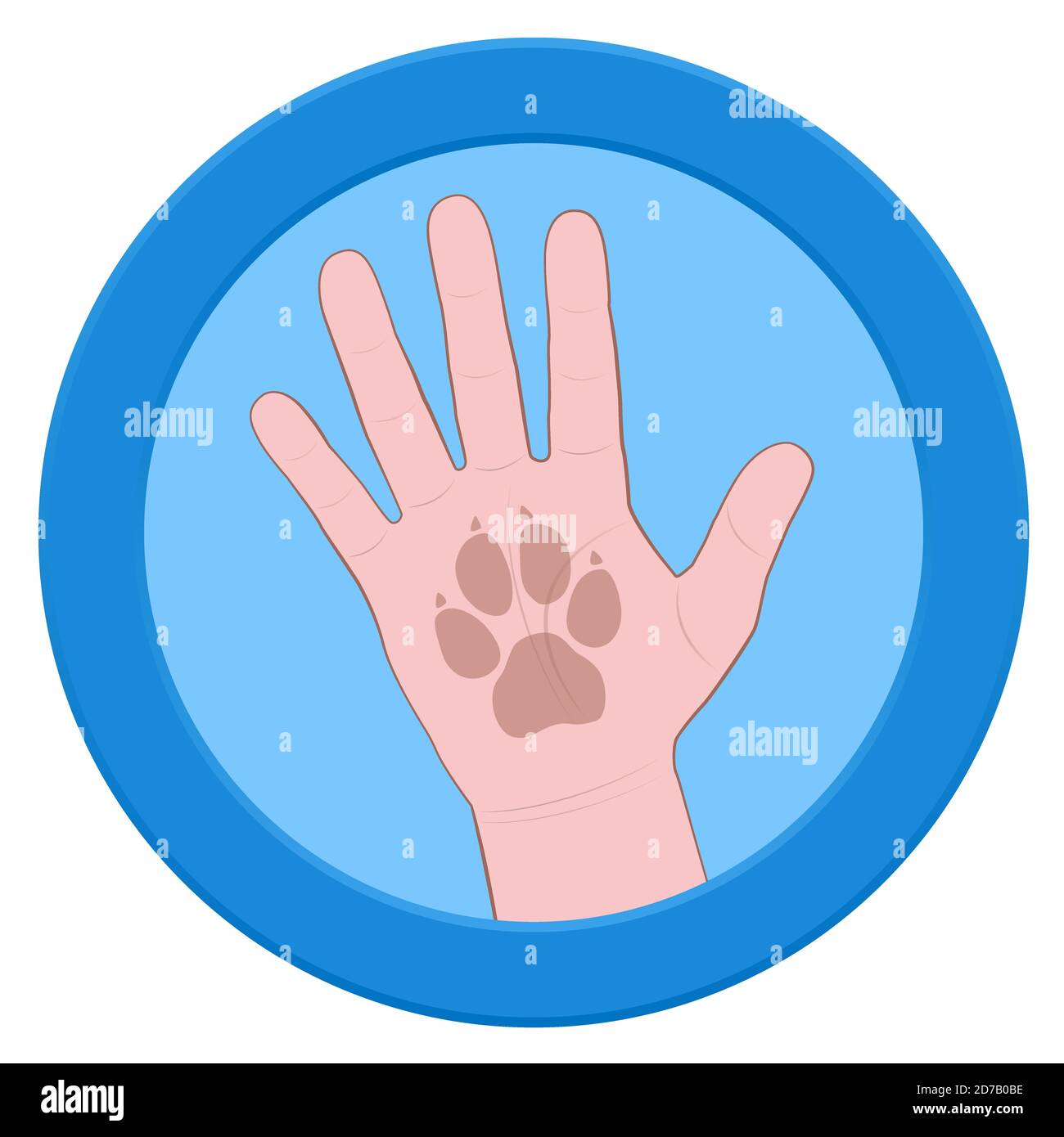 Gib mir fünf Hunde. Menschliche Hand mit Hunde Pfote drucken. Runde blaue Logo-Symbol - Comic-Illustration auf weißem Hintergrund. Stockfoto