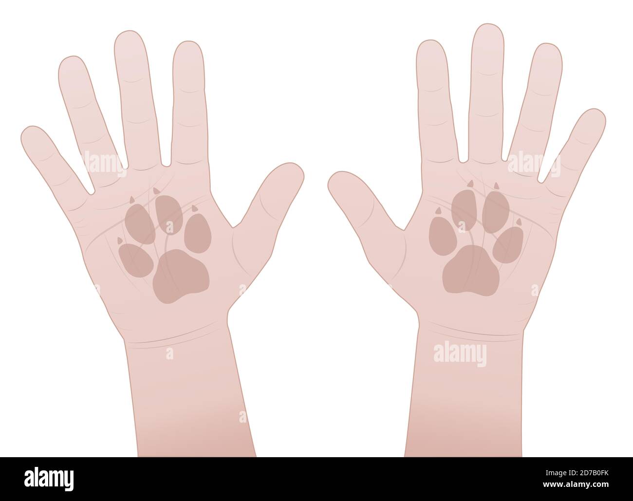 Hände schlagen, Hund. Gib mir fünf Symbol mit menschlichen Händen und Hunden Pfote Prints - Comic-Illustration auf weißem Hintergrund. Stockfoto