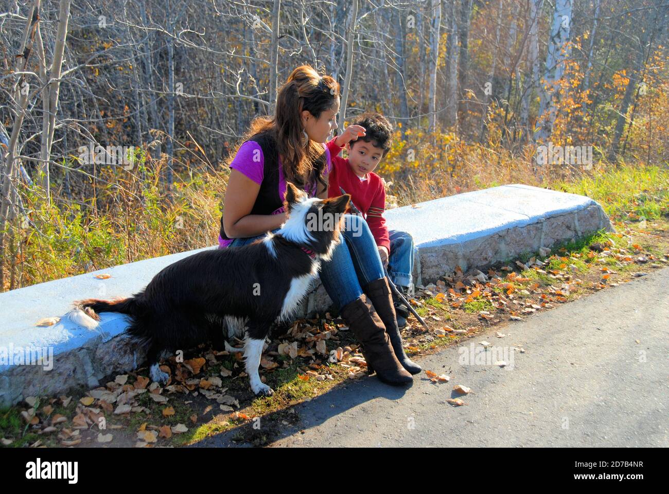 Alleinerziehende Mutter und Sohn sitzen auf einem Zementblock, während der Sohn im Herbst 2009 mit seinem Hund interagiert. Stockfoto