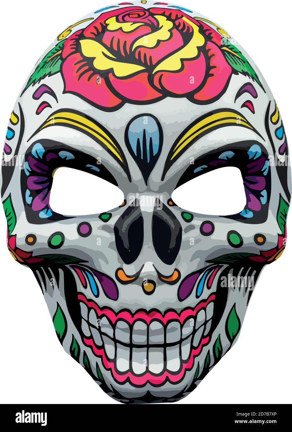 Halloween Maske, die einen traditionellen mexikanischen Schädel mit bunten Blumenmuster darstellt. Stock Vektor