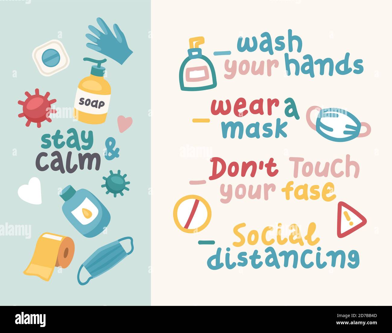 Coronavirus-Behandlung. Gefährliche Zitat covid Virus. Coronavirus-Quarantäne. Covid-19 Schriftzug Aufkleber. Stock Vektor