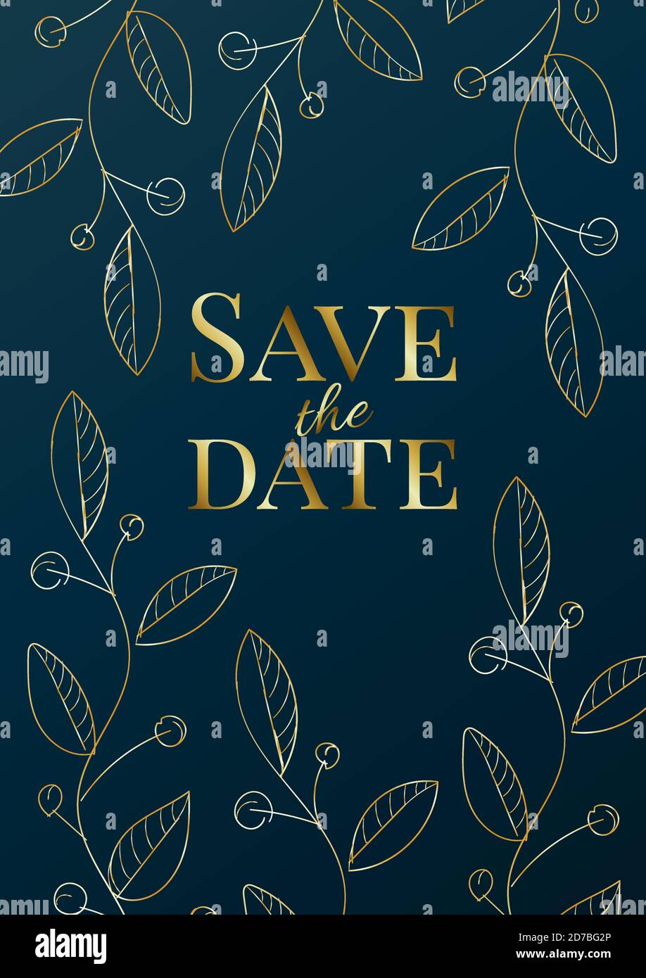 Luxus Hochzeit Einladung Design oder Grußkarte Vorlage mit goldenen Rosen auf einem marineblauen Hintergrund. Stock Vektor