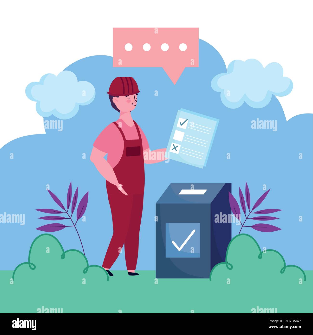 Wahl und Wahl Konzept, Karikatur Mann schieben Stimmzettel in der Box Vektor Illustration Stock Vektor