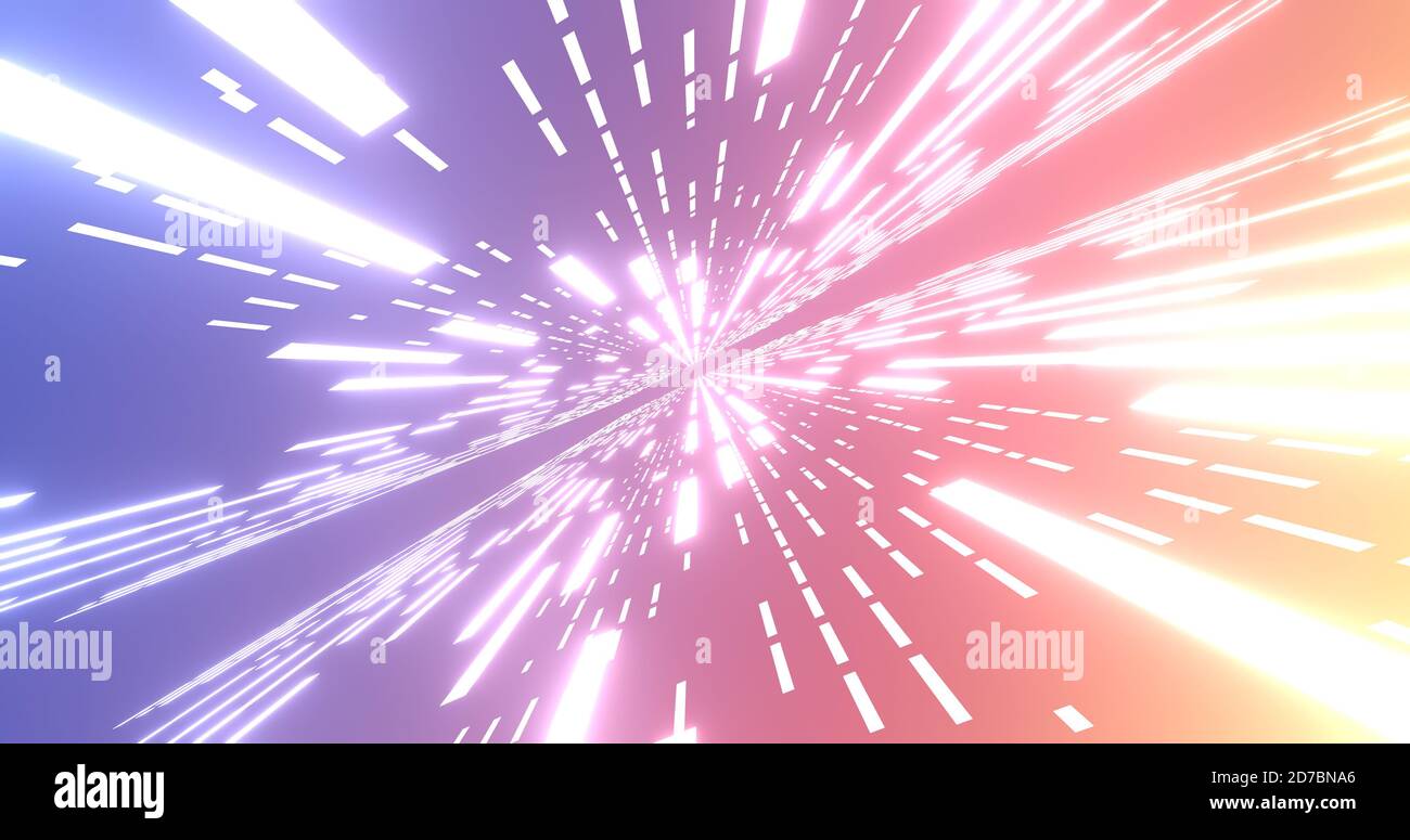 Abstrakte Glow Neonlinien und Streifen. Retro futuristischer Hintergrund. Abstrakter Hintergrund mit fliegenden neon leuchtenden Streifen. Farbverlauf violett-rosa-gelb Stockfoto