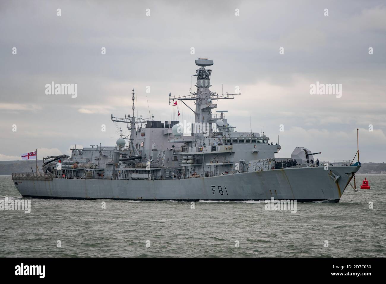 Die Königliche Navy Typ 23 Fregatte HMS Sutherland (der kämpfende Clan) kam am 21. Oktober 2020 zu einem kurzen Besuch in Portsmouth, Großbritannien, an. Stockfoto