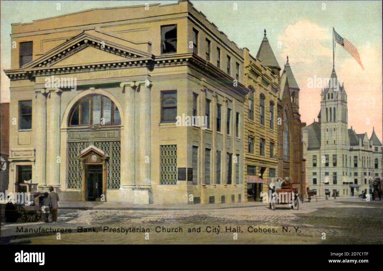 Hersteller Bank, Presbyterianische Kirche und Rathaus, Cohoes, NY - Postkarte, um 1920 Stockfoto