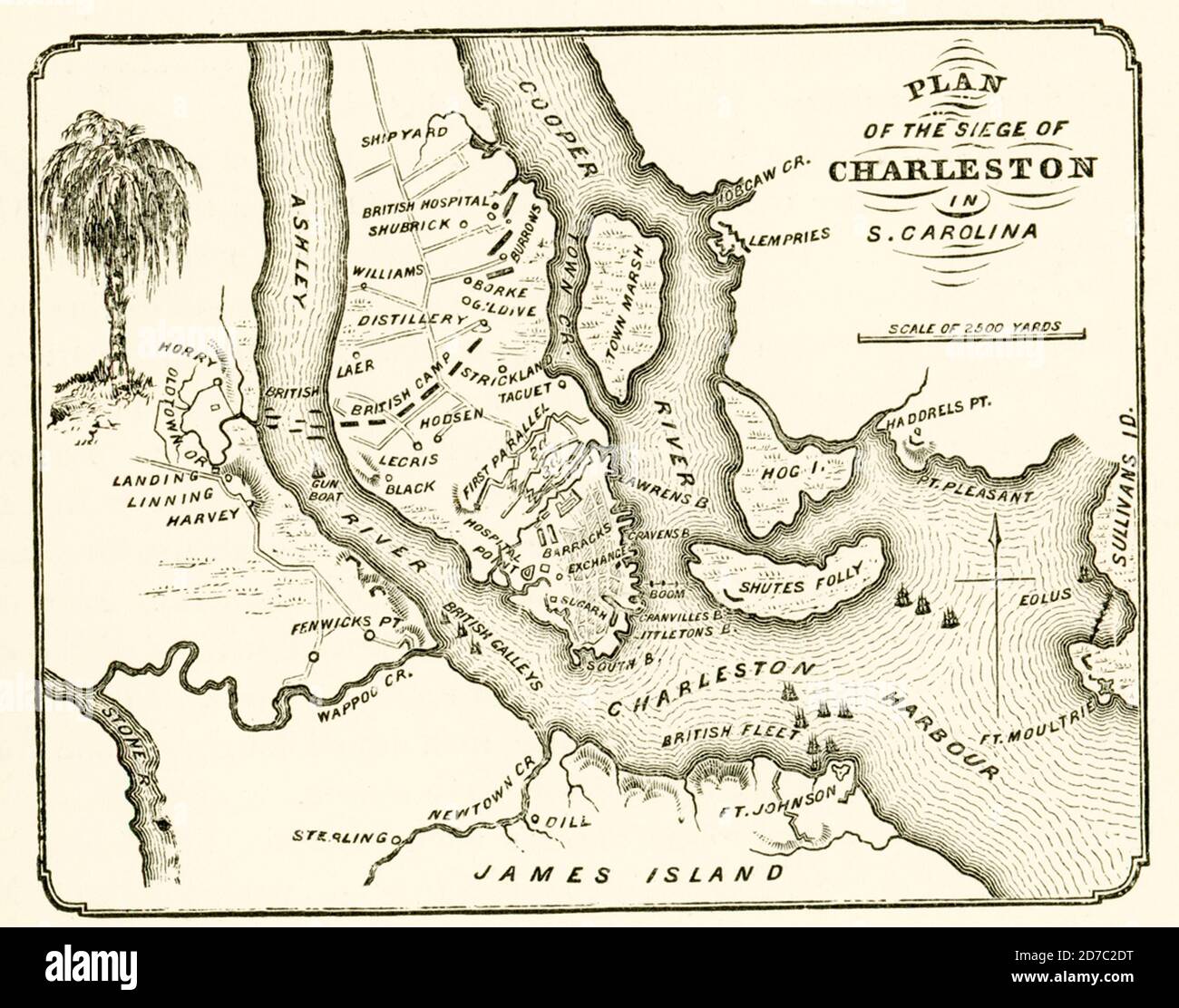 Planof Belagerung von Charleston in South Carolina. Die Belagerung von Charleston 1780 war ein entscheidender Erfolg für die Briten während des Krieges der amerikanischen Revolution, als sie ihre Strategie verlagerten, sich auf das südliche Theater zu konzentrieren. Die Eroberung der Stadt und ihres Hafens gab ihnen eine wichtige Basis, um Operationen in ihrem Versuch durchzuführen, die Unterstützung der amerikanischen Loyalisten zu sammeln und die südlichen Staaten zurückzuerobern. Stockfoto