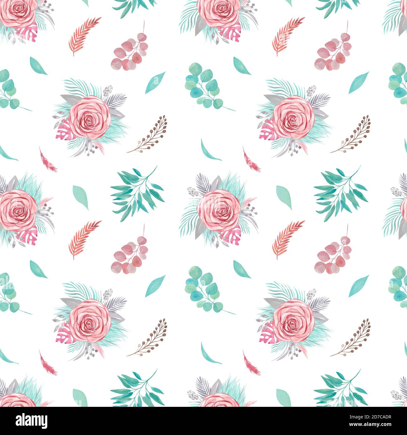 Nahtloses Blumenmuster. Tropische Palmenblätter, Pampasrose, Eukalyptuszweige, Grün auf weißem Hintergrund Stockfoto