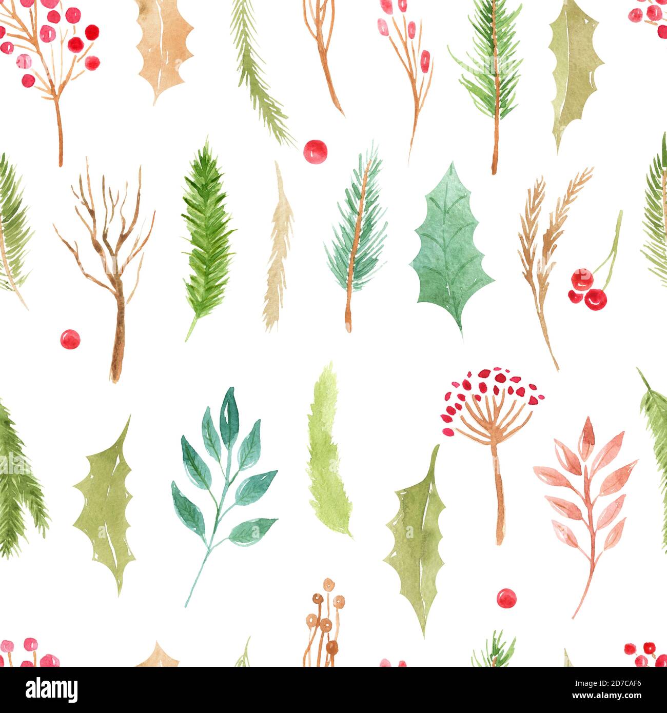 Nahtloses Muster Weihnachten Boho Elemente. Aquarell Winter Blumenset. Die Feiertagszweige, die Blätter, die Zapfen, die Beeren, die Nadelzweige, die Blätter auf dem Walken Stockfoto