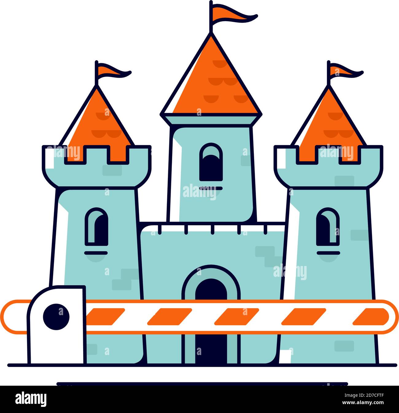 Mittelalterliche Burg mit Tor. Vektor. Kein Eintrag und kein Beenden-Symbol. Allegorie und Metapher des Sperrgebiets. Umreißen Sie den flachen Stil. Illustration für Websit Stock Vektor