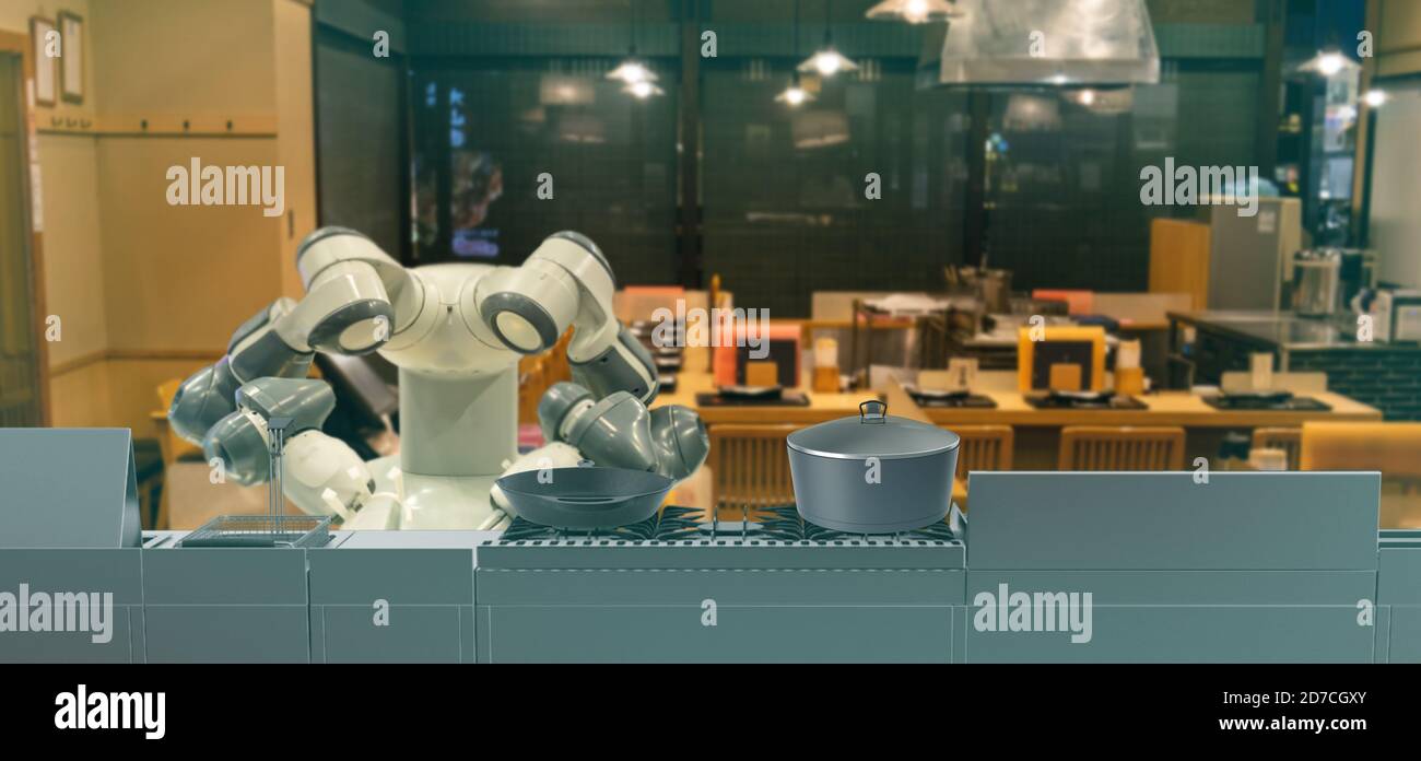 Covid-19 Konzept intelligenter Roboter in der Lebensmittelindustrie Verwenden Sie futuristische künstliche Intelligenz-Technologie, um mit Machine Learning, 5g, Augmented Mixed zu kombinieren Stockfoto