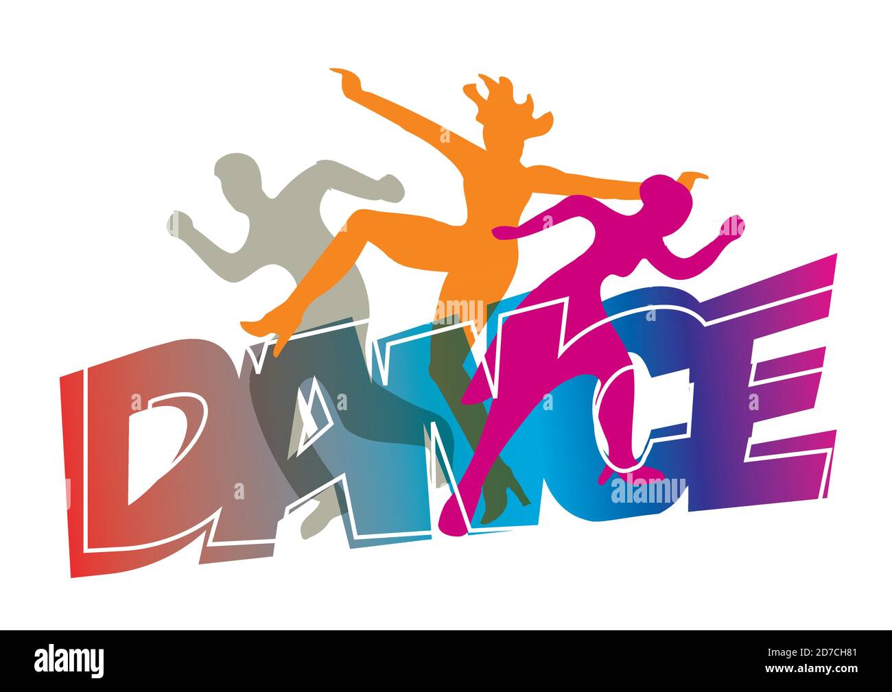 Disco, moderne Tanztänzer. Stilisierte expressive Illustration von Silhouetten von jungen Tänzern mit Inschrift TANZ .Vector zur Verfügung. Stock Vektor