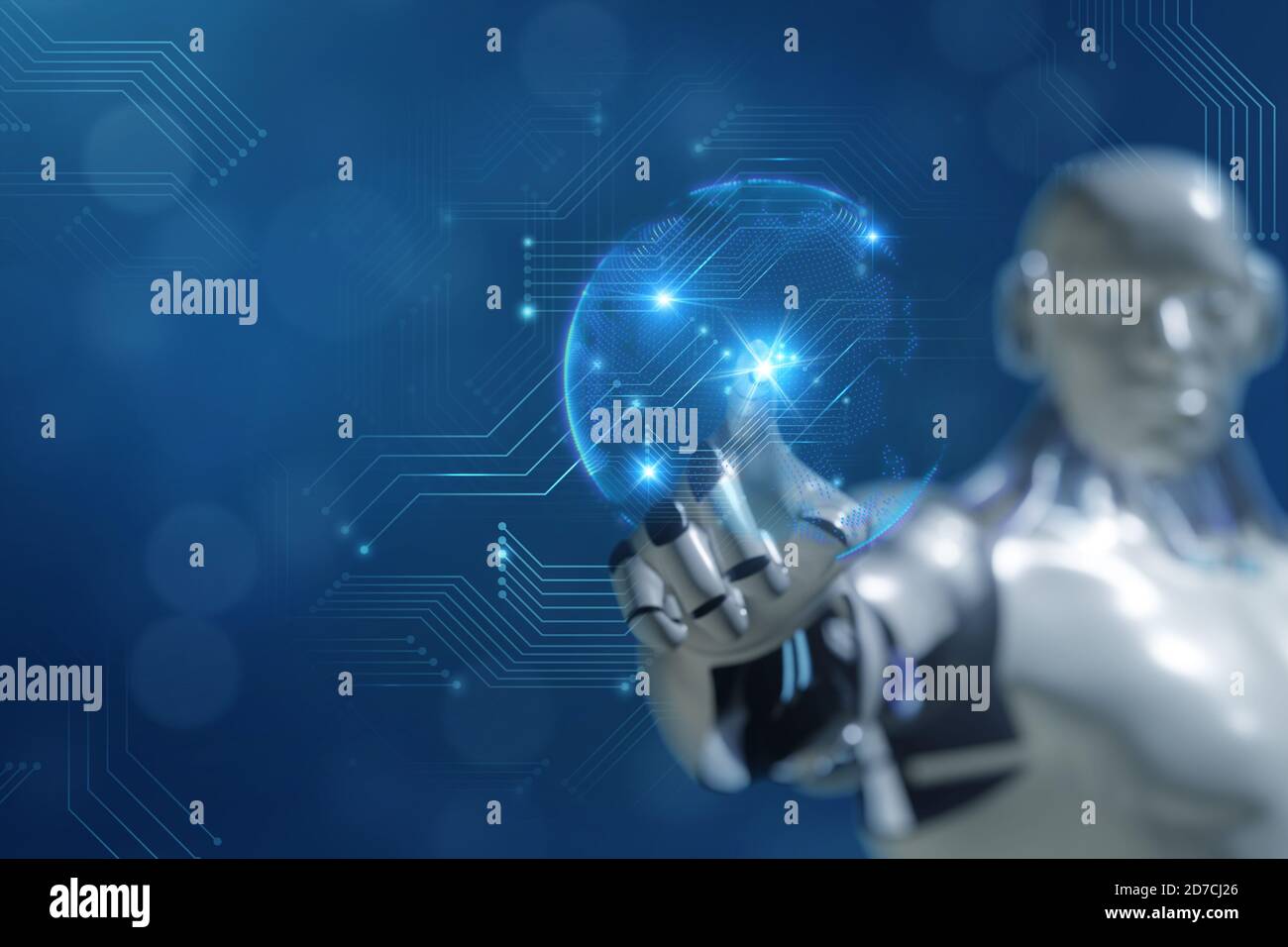 Futuristisches Konzept der Künstlichen Intelligenz. Roboternutzungstechnologie einschließlich Digital Twin, 5g, Big Data, Künstliche Intelligenz, Machine Deep Learning, Stockfoto