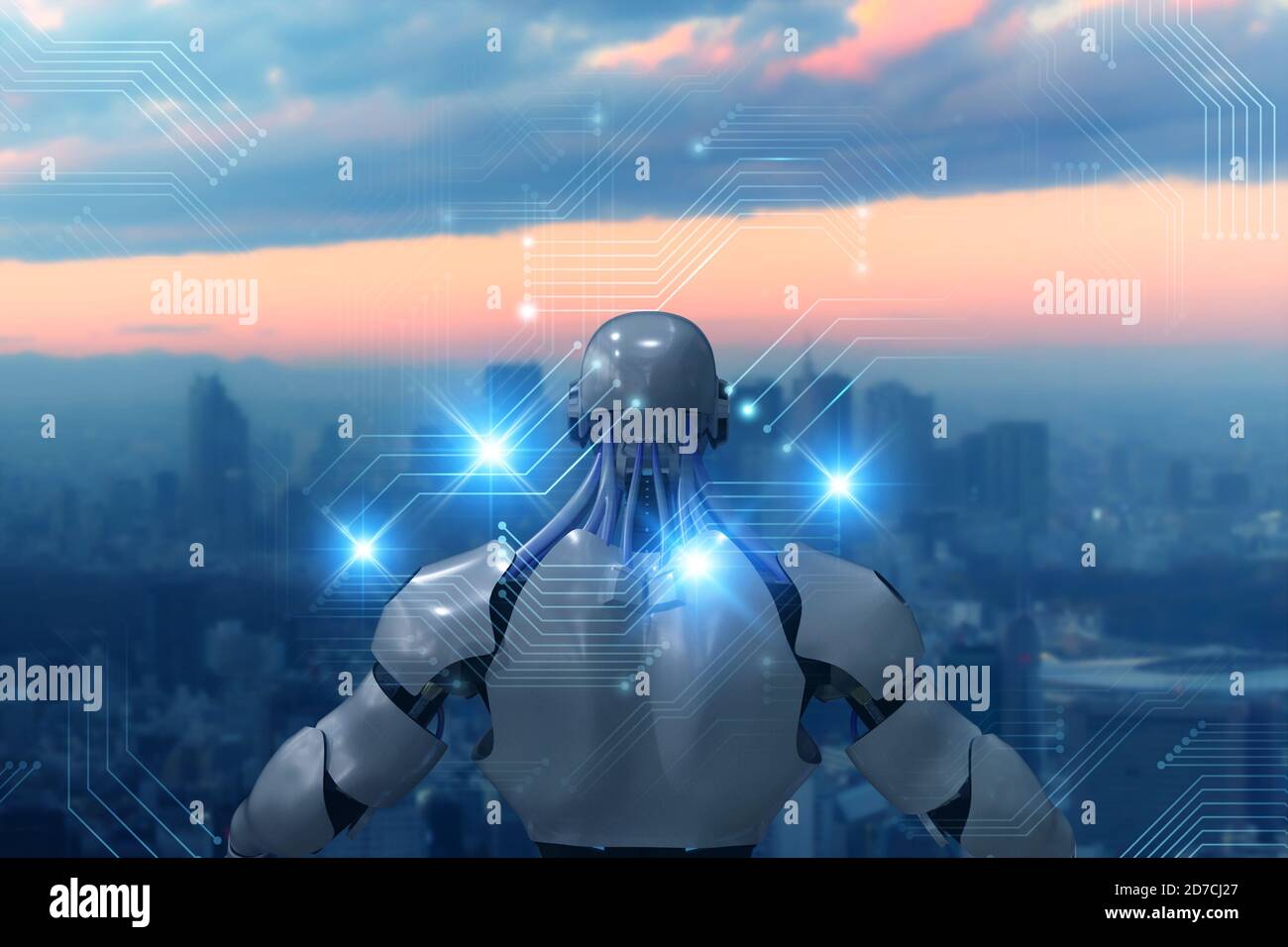 Futuristisches Konzept der Künstlichen Intelligenz. Roboternutzungstechnologie einschließlich Digital Twin, 5g, Big Data, Künstliche Intelligenz, Machine Deep Learning, Stockfoto