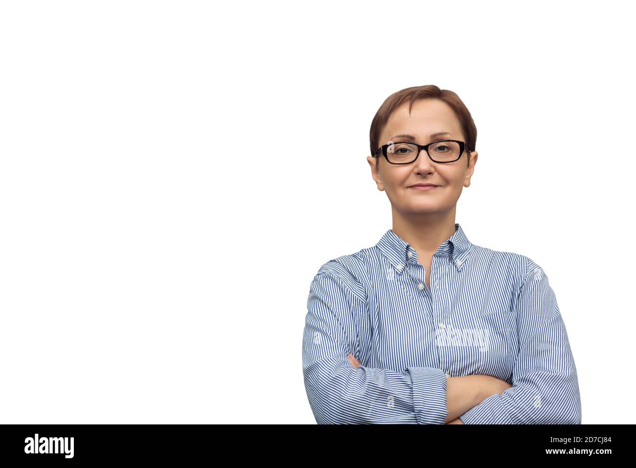 Geschäftsfrau, die isoliert auf weißem Hintergrund Stockfoto