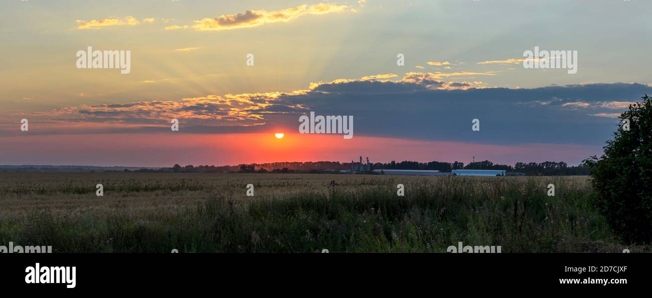Sommer Sonnenuntergang ländliche Landschaft mit dramatischen Himmel über den Feldern. Stockfoto